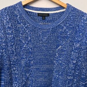 Banana Republic Sweater Mens Large Blue White Marl Cable Knit Crew Neck Pullover